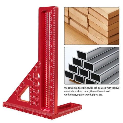 Red 3D Multi Angle Aluminum Carpenter Ruler Protractor for woodworking scribing and layout with angle markings visible