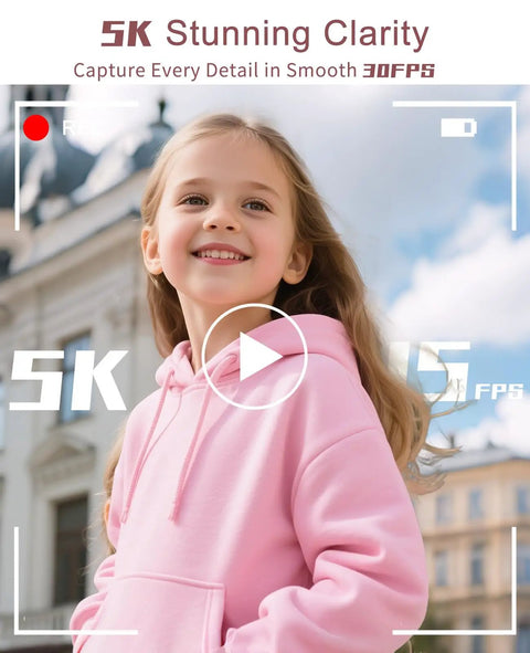 Young girl smiling outdoors in pink hoodie, showcasing the 5K 75MP Autofocus Vlogging Camera With WiFi And 64GB Card Included 180 Degree Flip