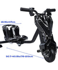 Kids 12V Electric Drift Trike With 360 Degree Drifting Adjustable Seat Front Brake 9 MPH Max Speed Big Wheel Ride On Tricycle For Ages 8 To 14 Black White, black marble design with size measurements