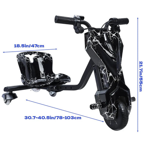 Kids 12V Electric Drift Trike With 360 Degree Drifting Adjustable Seat Front Brake 9 MPH Max Speed Big Wheel Ride On Tricycle For Ages 8 To 14 Black White, black marble design with size measurements