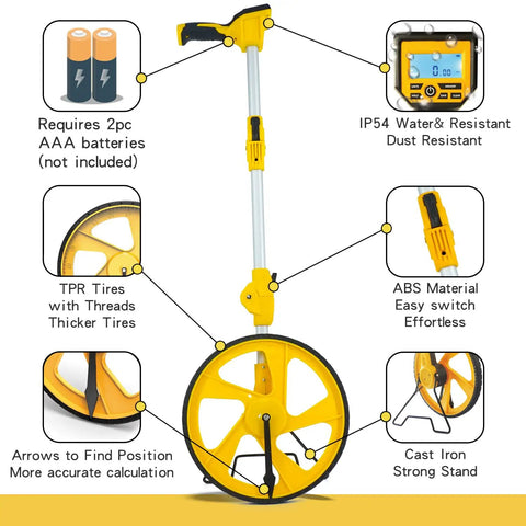 Diagram showing features of Workhorse Digital Measuring Wheel With Backlit Display, Foldable Three-Section Design.