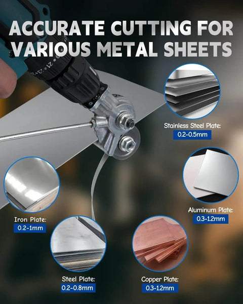 Electric Drill Plate Cutter Nibbler for Sheet Metal cutting various materials including iron, steel, aluminum, copper.