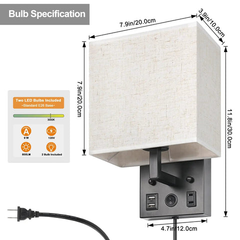Product image showing Bedside Wall Lamp Set Of 2 Plug In Sconce Lights with USB Charging Ports and AC Outlet, brushed nickel finish.