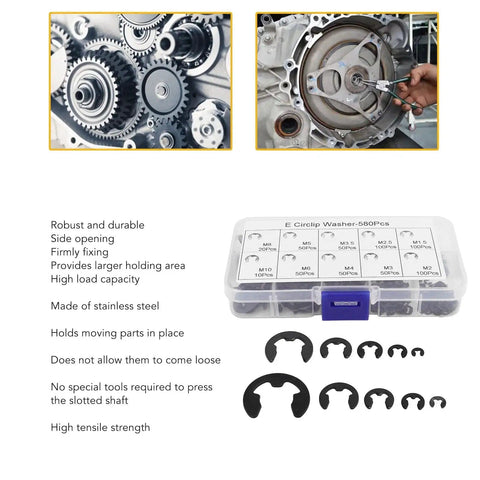 E Clip Assortment Kit With 580 Pieces Stainless Steel E Type Retaining Rings In Storage Box shown with mechanical parts