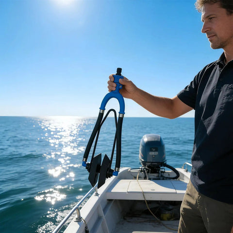 Person holding the Outboard Engine Flush Kit With Rubber U Bend Muff And Quick Attach Hose Interface on a boat.