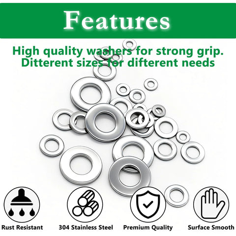 Flat washers set, 550 pcs, 304 stainless steel, mixed SAE sizes (1/2 to 1/4 in)