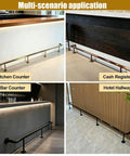 Multi-scenario application of Premium Heavy Duty Black Stainless Steel Bar Foot Rail Bracket Kit for kitchen, bar, cash register, and hotel hallway.