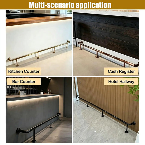 Multi-scenario application of Premium Heavy Duty Black Stainless Steel Bar Foot Rail Bracket Kit for kitchen, bar, cash register, and hotel hallway.