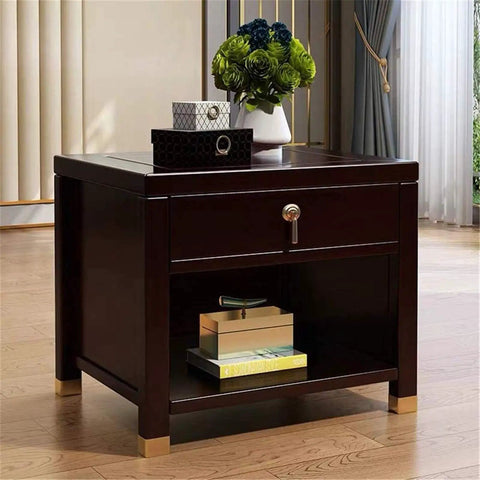 No Sweat Two Tier Nightstand Industrial End Table With Deep Drawer And Open Storage Shelf Solid Wood And Metal Frame Rustic Brown accent table with drawer and open shelf.