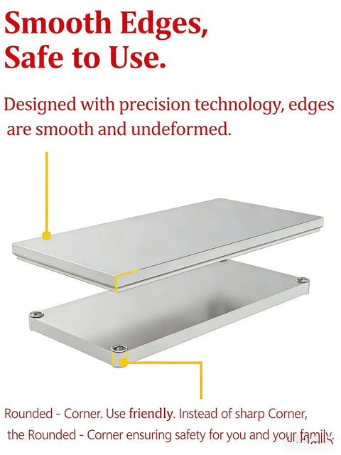 Stainless Steel Workbench With Dual Tier Storage Rack, 31.5 By 20 Inches, smooth edges, close-up of tiered design.