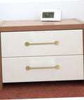 Brushed Brass Cabinet Handles Set Of 2 Solid Brass Drawer Pulls with Base 160mm Hole Spacing on white dresser