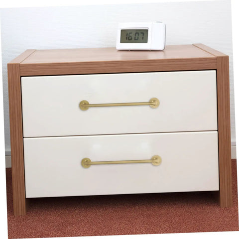 Brushed Brass Cabinet Handles Set Of 2 Solid Brass Drawer Pulls with Base 160mm Hole Spacing on white dresser