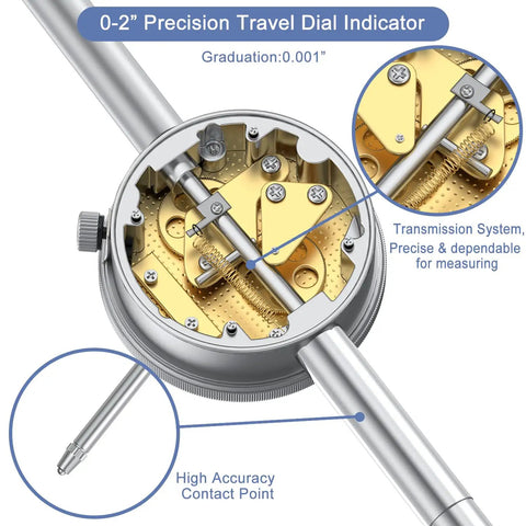 2 Inch Dial Indicator With 0.001 Inch Graduation, Ultra Precise Machining Gauge For Lathe Use, CNC Machines, 0-2 inch range