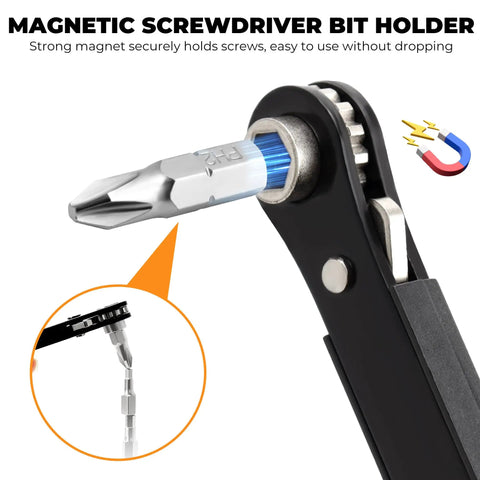 Magnetic bit holder of 20 Piece Small Screwdriver Set With Right Angle Design And Ninety Degree Offset Handle For Tight Spots That Goes Anywhere