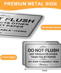 Two Pack Do Not Flush Signs For Bathroom Self Adhesive Aluminum Signs Please Do Not Flush Anything Except Toilet Paper For Home And Business Nine By Six Inches, showing brushed metal surface with clear text.