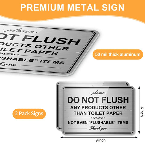 Two Pack Do Not Flush Signs For Bathroom Self Adhesive Aluminum Signs Please Do Not Flush Anything Except Toilet Paper For Home And Business Nine By Six Inches, showing brushed metal surface with clear text.