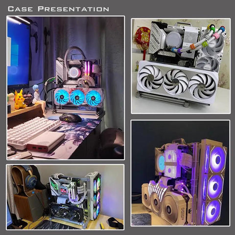 Collage of Open Frame PC Chassis Aluminum Case For ATX Motherboards showcasing components and RGB lighting.
