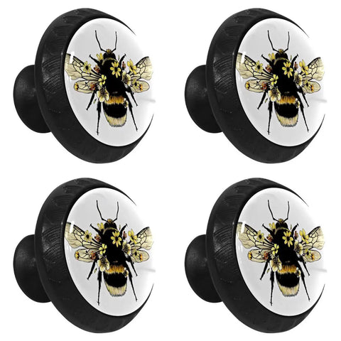 Four Pack 1.37 Inch Black Glass Drawer Knobs For Cabinets And Dressers with bee design, round crystal kitchen cabinet knobs.
