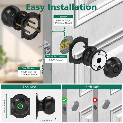 Easy installation guide for Keyless Entry Fingerprint Door Lock With App Control, Biometric Smart Door Knob For Bedrooms, Office, And Apartment, 3 In 1 Unlock: Fingerprint, Mobile App Access, And Emergency Back Up Keys showcasing dimensions and fitting on standard door.