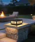 Outdoor LED Post Light With Square Lantern Style, 9.84 Inch Hardwired Aluminum Glass Post Lamp For Fence Driveway Patio Garden Backyard installed on a stone pillar.