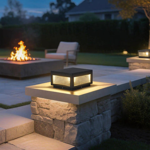 Outdoor LED Post Light With Square Lantern Style, 9.84 Inch Hardwired Aluminum Glass Post Lamp For Fence Driveway Patio Garden Backyard installed on a stone pillar.