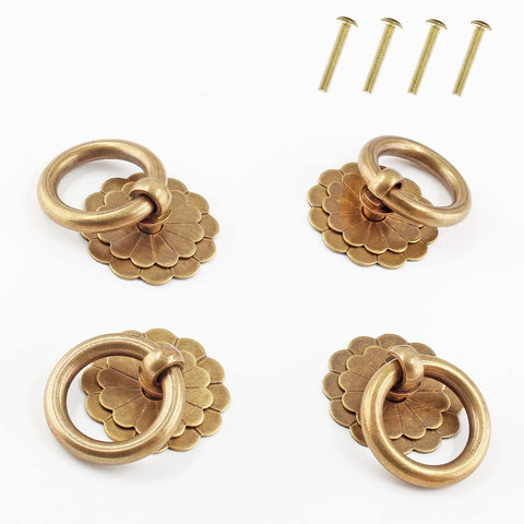Four Pack Bronze Metal Ring Pull Handles for Cabinets and Drawers 1.2 Inch Diameter Circle Cabinet Knobs with Dual Mounting Screws