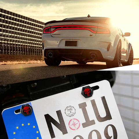 Rear view of car with Pack Of 4 Long Tooth Skull Pattern License Plate Screws Fastener Kit Aluminum Alloy Anti Theft Caps