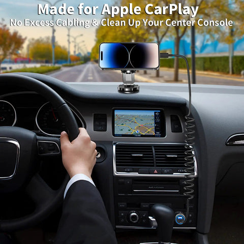 Car interior with Dual USB Fast Car Charger 4.8A and 6ft coiled Lightning cable for iPhone mounted, showing GPS use.