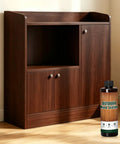 Water Based Wood Stain And Sealer In One Classic Walnut Finish 8.8 Oz Jar with wood cabinet on the floor.