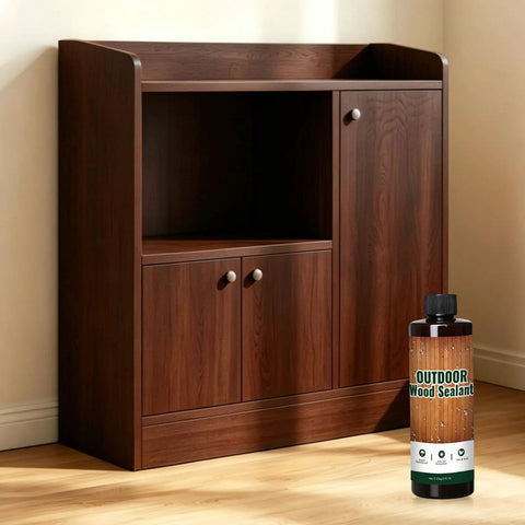 Water Based Wood Stain And Sealer In One Classic Walnut Finish 8.8 Oz Jar with wood cabinet on the floor.