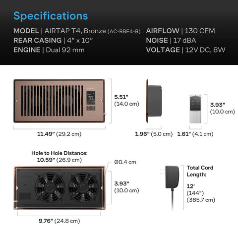 Register Booster Fan For 4x10 Vents With Thermostat Control And Bluetooth App Quiet 10 Speed Remote HVAC Airflow Enhancer