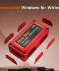 Premium Copper Bus Bar Power Distribution Block 300 Amp 4 M8 Studs 48V DC Max Red with removable windows for wiring.