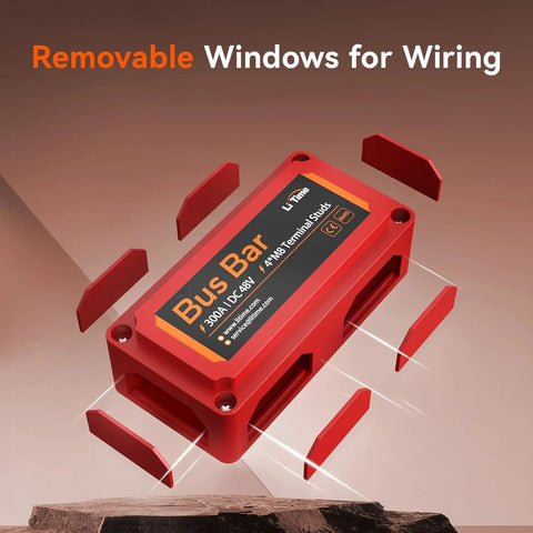 Premium Copper Bus Bar Power Distribution Block 300 Amp 4 M8 Studs 48V DC Max Red with removable windows for wiring.