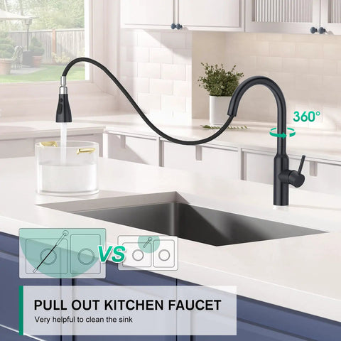 Matte Black Kitchen Faucet With Pull Down Sprayer And 3 Modes, High Arc 360 Degree Swivel installed in a modern kitchen.