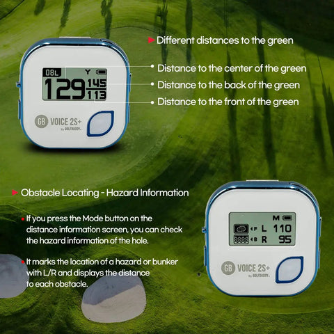 Voice 2S Plus Talking Golf GPS Rangefinder with displays showing distance to green and hazard information, blue device on grass.