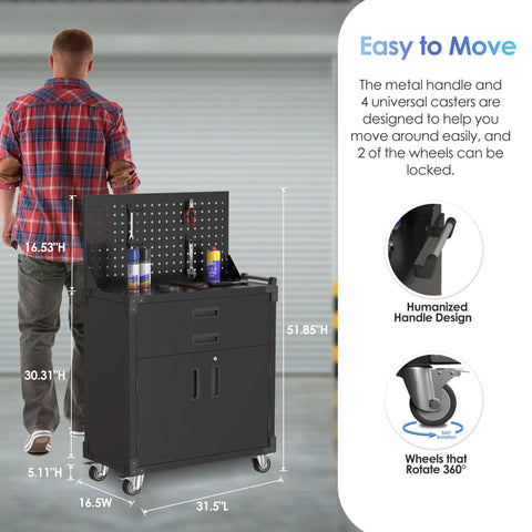 Heavy Duty Black Tool Cart On Wheels With Pegboard And 4 Hooks, Garage Storage Cabinet With Two Drawers And Lockable Doors