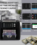 Multi Currency Money Counter Machine With Counterfeit Detection And Printer Touch Screen Cash Counter For 20 Currencies Auto Currency Sorting CIS UV MG IR Detection Serial Number North And South American Market Ready front view with display features