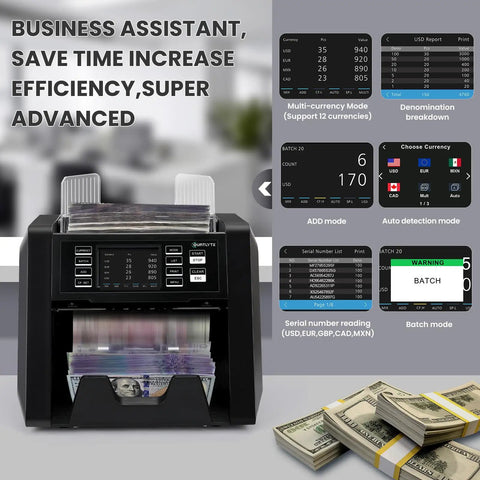 Multi Currency Money Counter Machine With Counterfeit Detection And Printer Touch Screen Cash Counter For 20 Currencies Auto Currency Sorting CIS UV MG IR Detection Serial Number North And South American Market Ready front view with display features