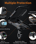 IP66 Waterproof Bike Phone Mount With Aluminum Alloy Handlebar Base displaying multiple protection features