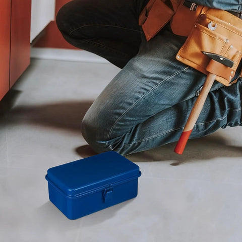 Premium Badass Heavy Duty Steel Toolbox With Secure Locking Lid For Garage Workbench And Car Trunk Storage, blue color, on the floor.