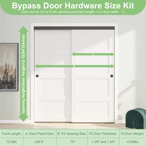Diagram of a Bypass Door Hardware Size Kit showing measurements for track length, panel size, door thickness, and weight limit.