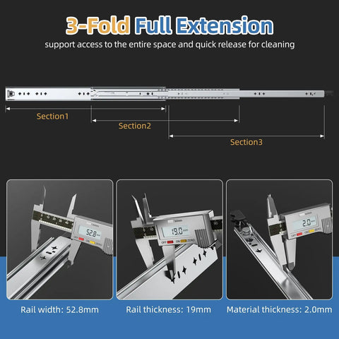 Heavy Duty Locking Drawer Slides With Full Extension Ball Bearing Side Mount Rails 18 To 40 Inch, detailed rail measurements shown