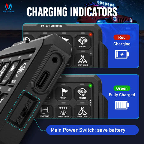 Eight-Gang Wireless Car Switch Panel for P1S-W with 328 Ft 433MHz Remote Range showing charging indicators