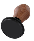 Heavy Duty Spring Loaded Espresso Coffee Tamper With Solid American Walnut Handle And Durable Titanium Base, top view showcasing design.
