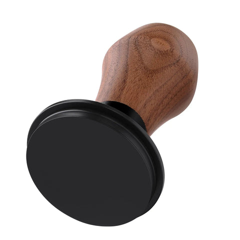 Heavy Duty Spring Loaded Espresso Coffee Tamper With Solid American Walnut Handle And Durable Titanium Base, top view showcasing design.