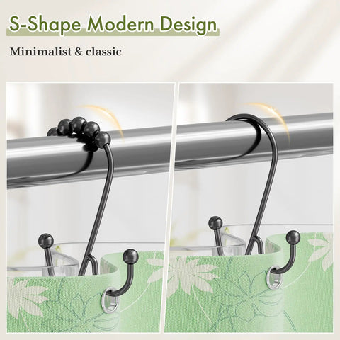 Double Shower Curtain Hooks For Curtain And Liner, Rustproof Metal Rings, S-shaped modern design on shower rod.