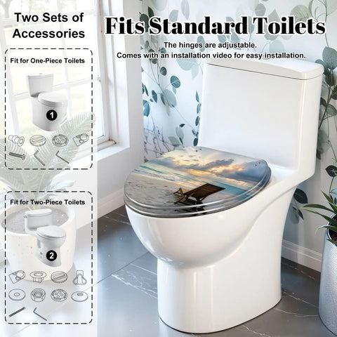 Elongated deck chair sandy beach waters edge seas Toilet Seat on standard toilet with adjustable hinges.
