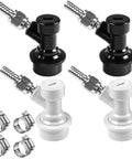 Ball Lock Keg Quick Disconnect Set for Corny Kegs CO2 and Liquid Ball Lock Fittings with Barbs MFL Beer Keg Disconnects with Clamps 2 Pack White and Black Fits Most Standard Ball Lock Keg Posts, showing black and white connectors and metal clamps.