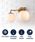 Gold Finish 15 Inch Globe Wall Sconce Vanity Light With White Frosted Glass Shade for Bathroom, modern midcentury look, LED bulb included.