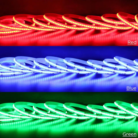 24V DC Color Changing RGBCCT Dotless COB LED Strip Lights in red, blue, and green light, high density 4200 LEDs, indoor use